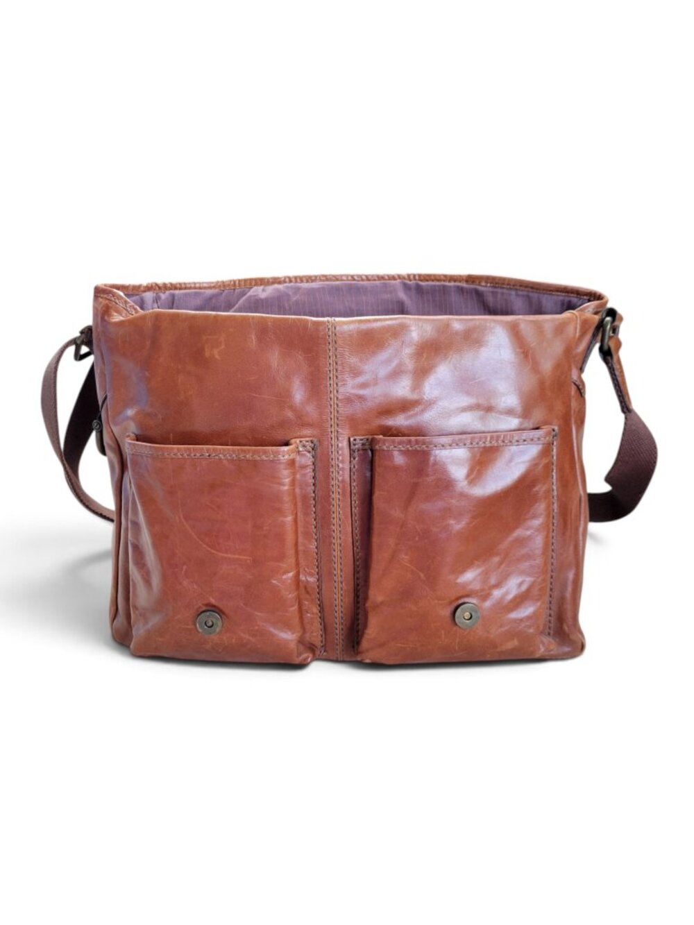 Fossil Cognac Brown Leather Messenger Bag with Adjustable Strap and Pockets - Picture 7 of 16
